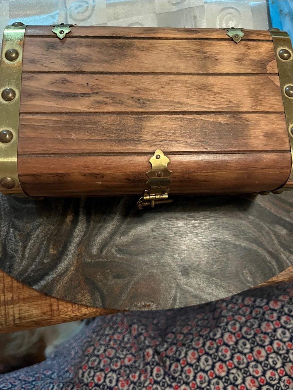 Wooden Treasure Chest Jewelry Box in Warm Brown with Brass Accents